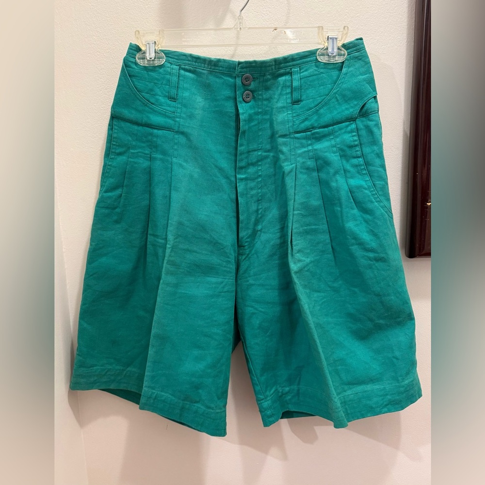 Vintage Baccini Teal Ramie Cotton Bermuda Shorts High Rise Pleated 12